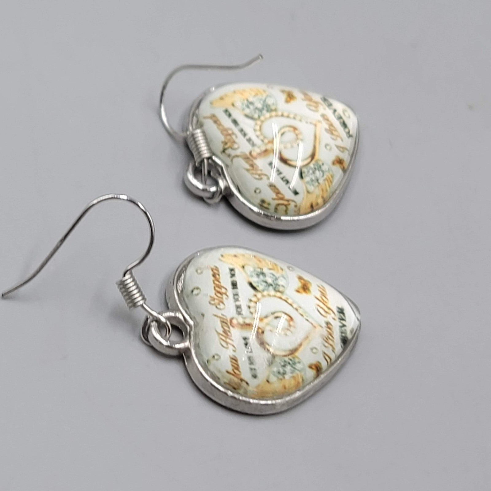 Glass Heart Pierced Earrings Silver tone Dangle Memorial Message 1 in