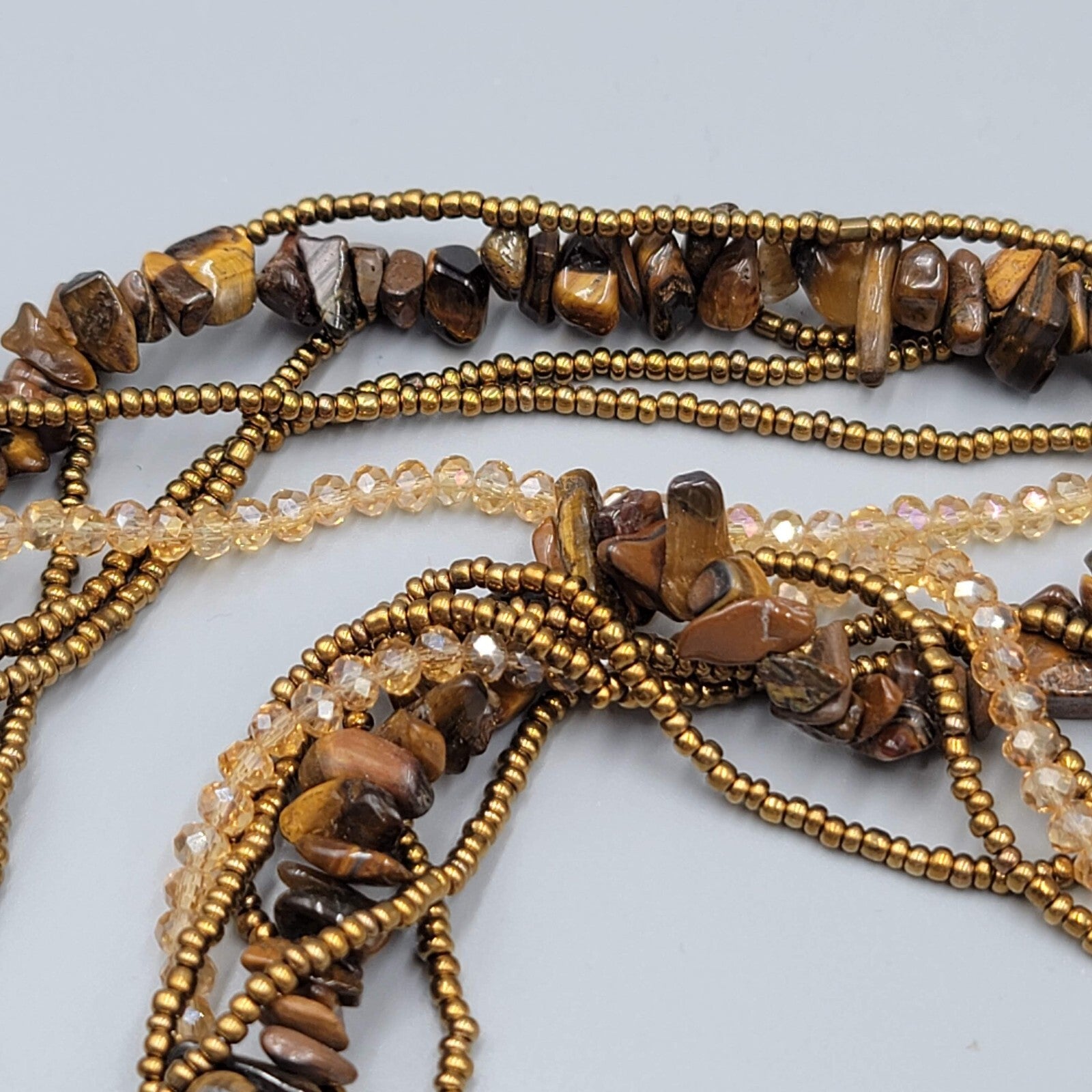 Multi Strand Bead Twist Necklace Tigers Eye Crystal 6 Strands 18"-20"
