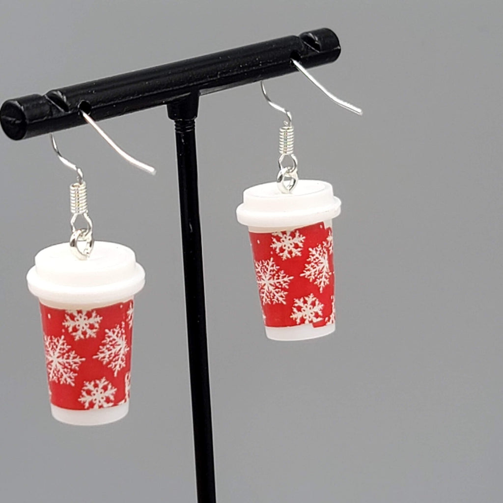 Holiday Cup Pierced Earrings Coffee Hot Cocoa Snowflakes Dangle 7/8" NEW