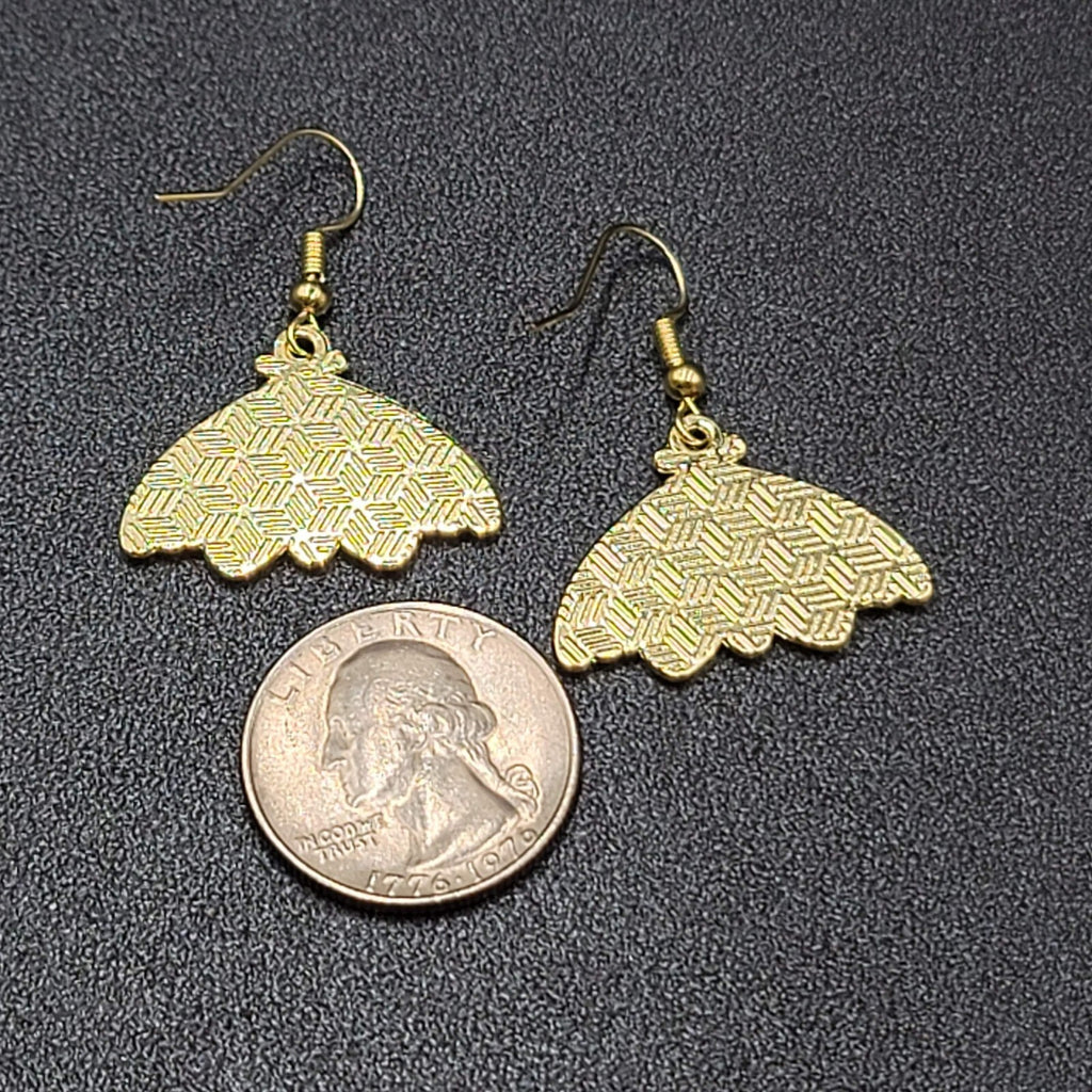 Moth Pierced Earrings Gold tone Yellow Black Enamel Dangle 3/4"