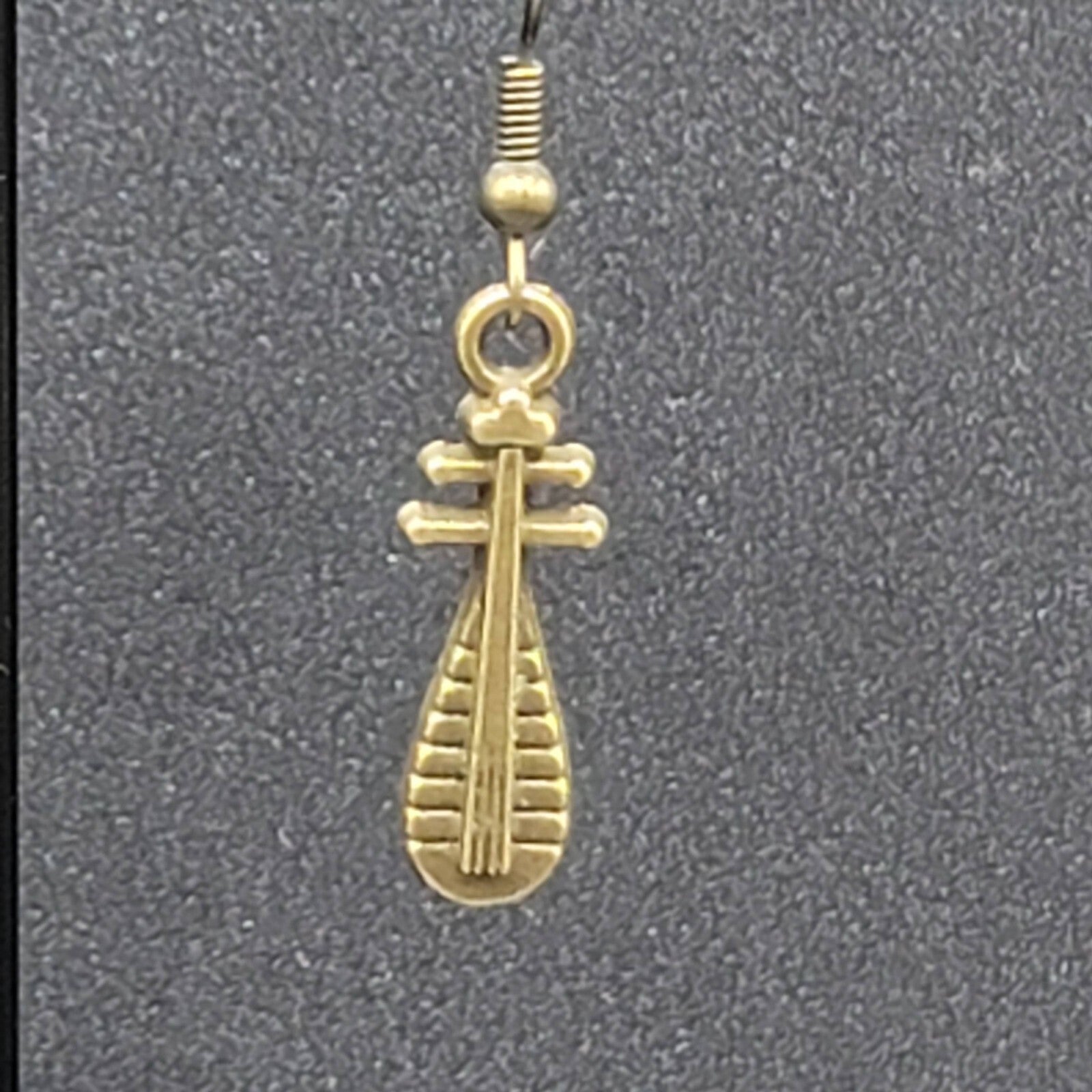 Lute Pierced Earrings Bronze tone Embossed Dangle New 1"