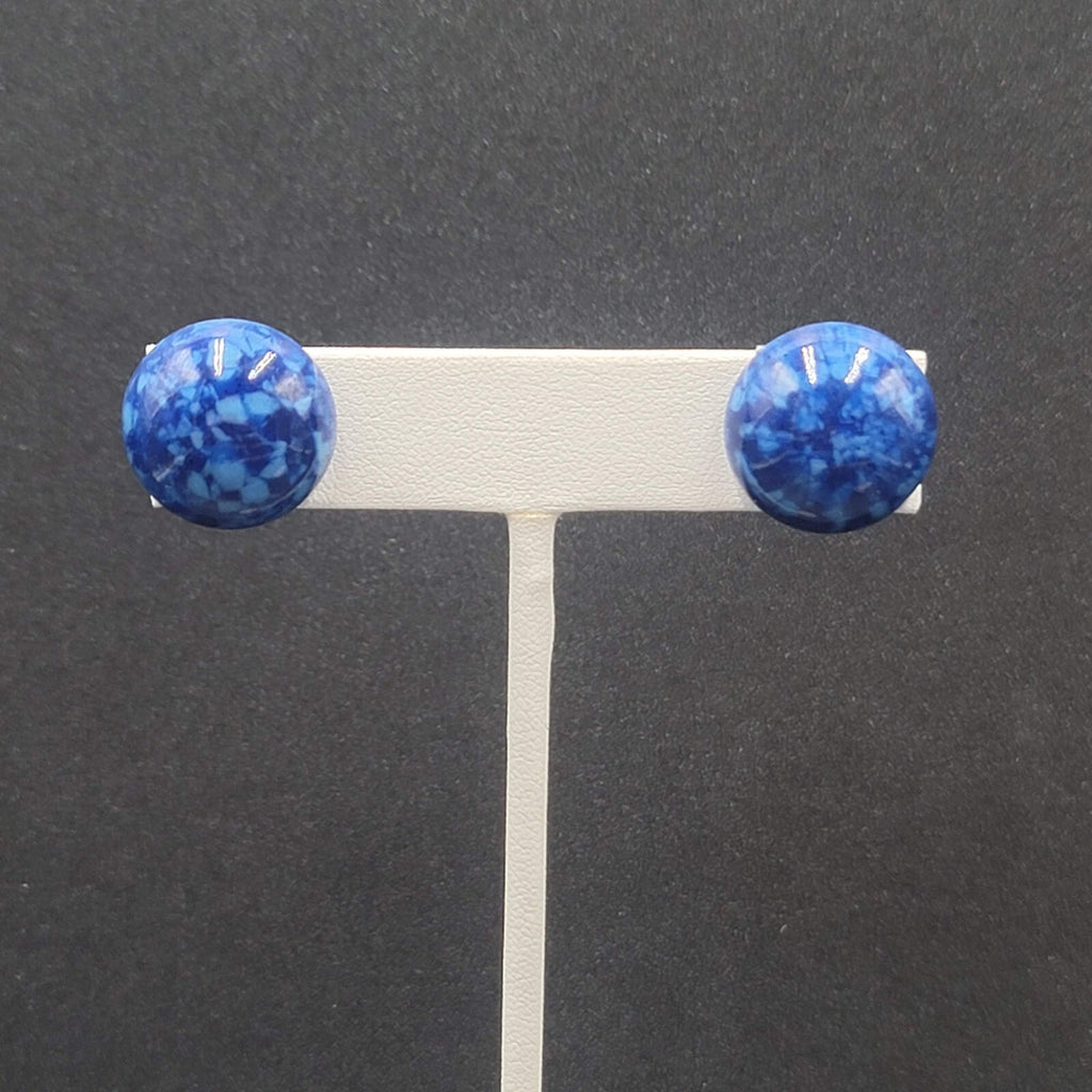 Vintage Pierced Earrings Blue Speckled Dome Studs 5/8"