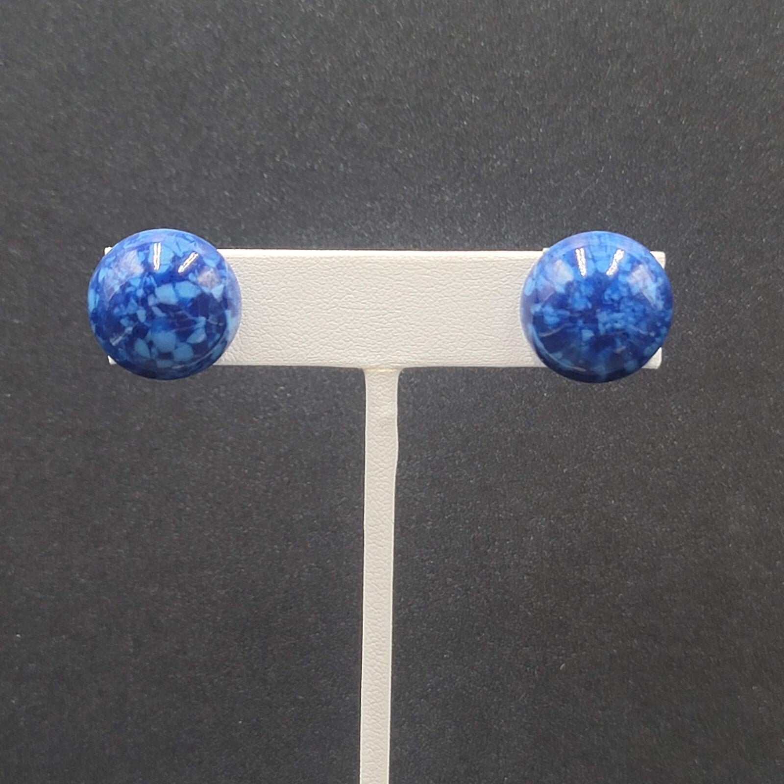 Vintage Pierced Earrings Blue Speckled Dome Studs 5/8"