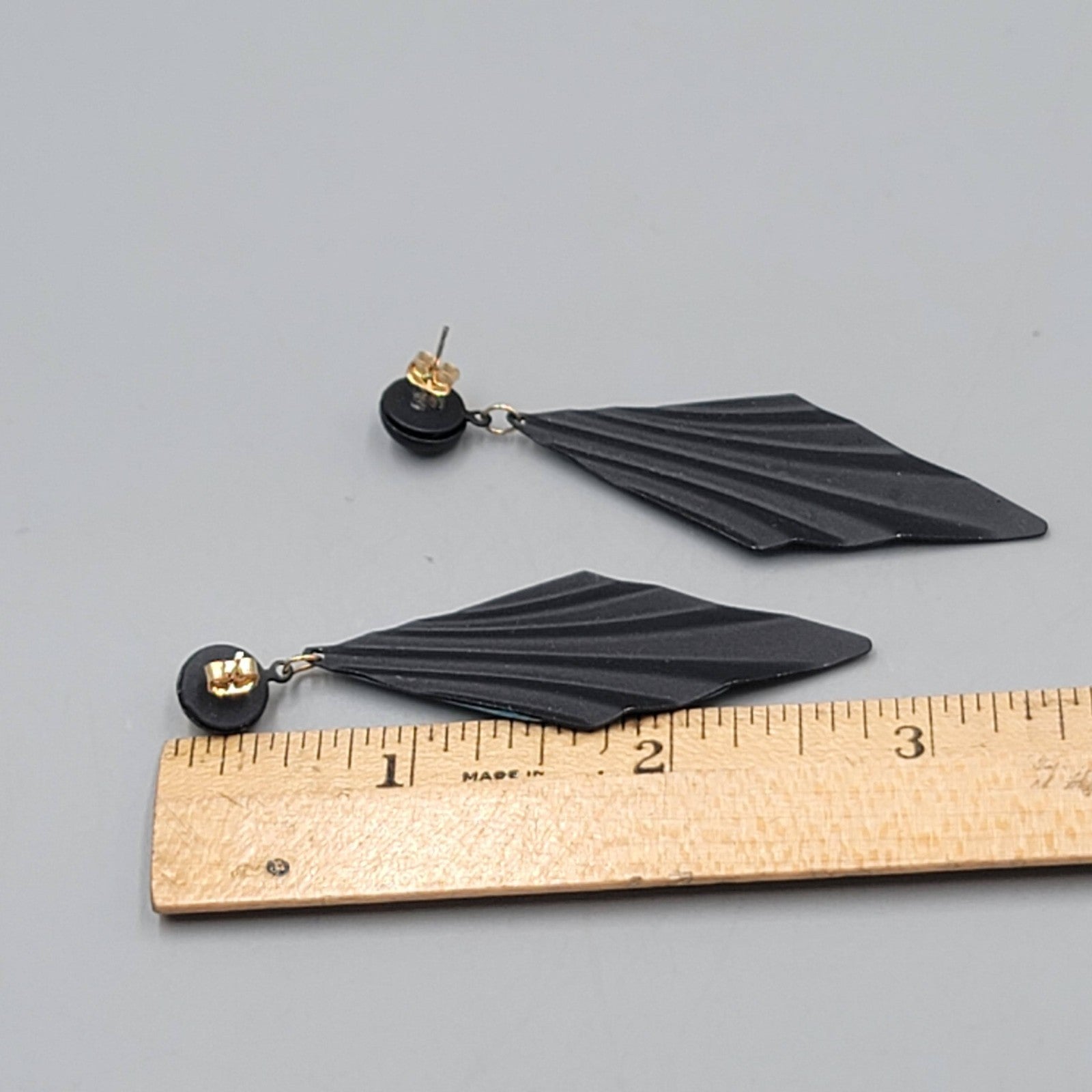 Vintage Black Blue Enamel Pierced Earrings Statement Dangle 2.75"
