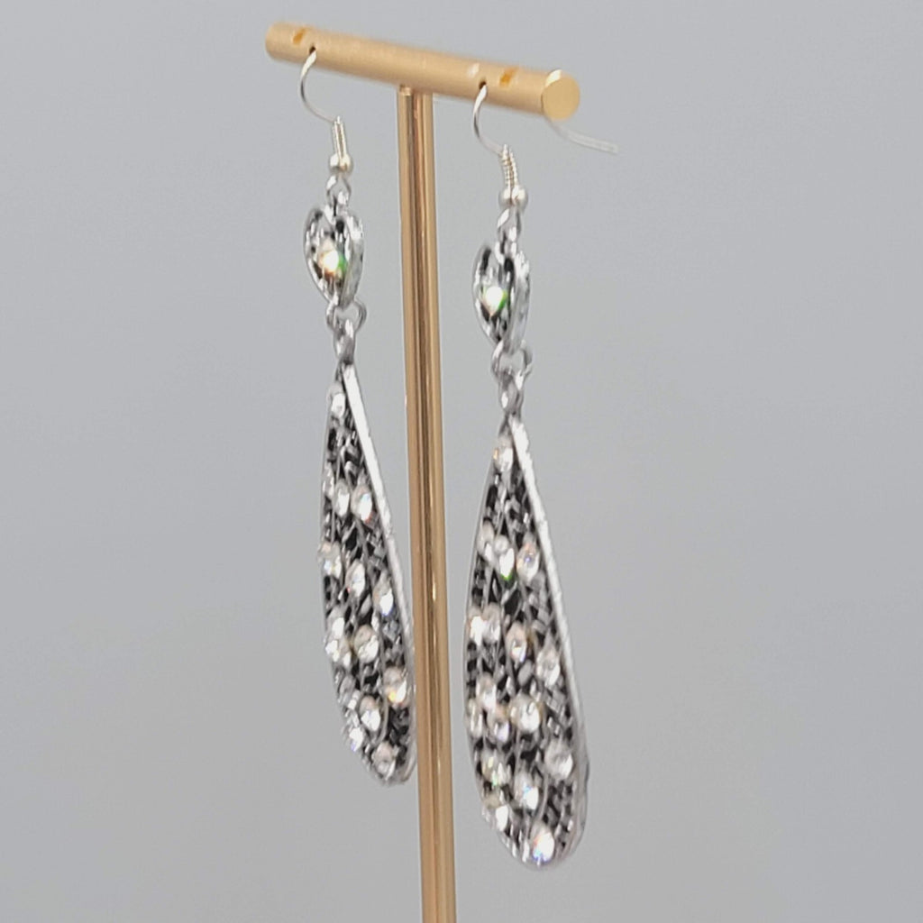 Heart Rhinestone Pierced Earrings Oxidized Silver tone Dangle Long 2.75"