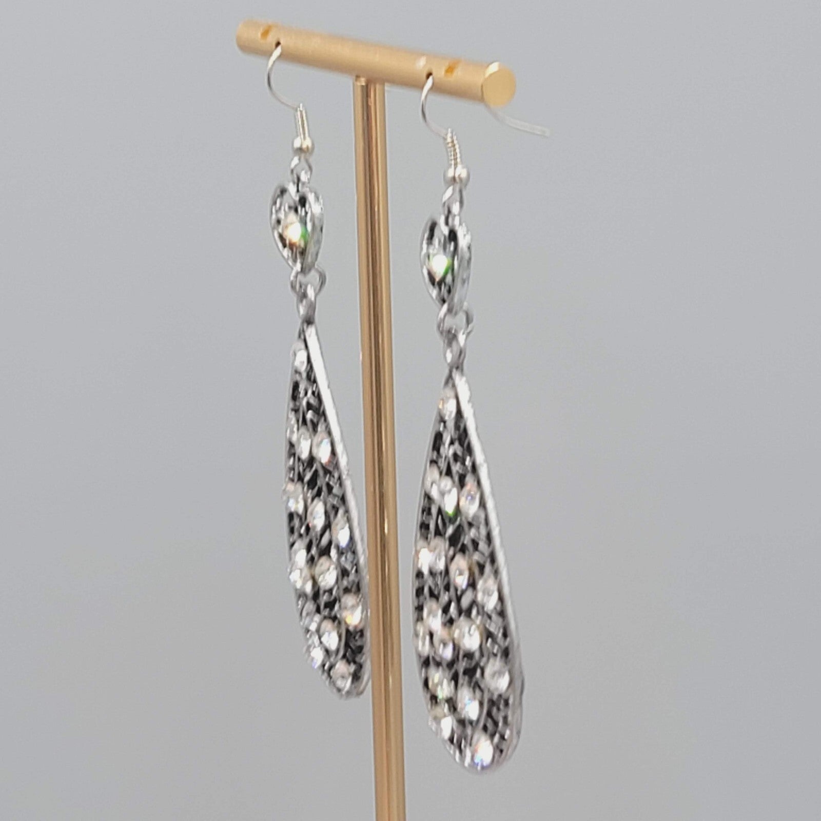 Heart Rhinestone Pierced Earrings Oxidized Silver tone Dangle Long 2.75"