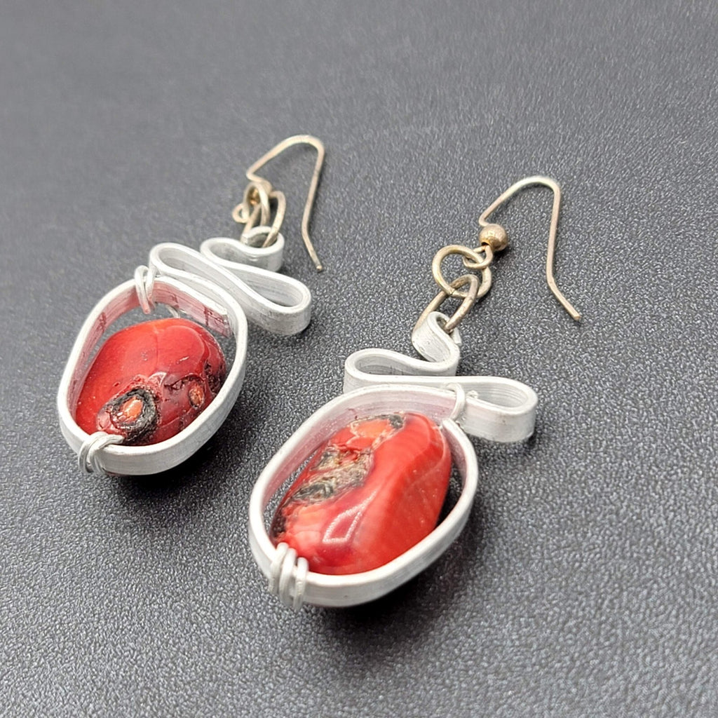 Artisan Pierced Earrings Large Coral Bead Silver tone Dangle 2"