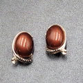 Vintage Clip on Earrings Silver tone Brown Oval Cabochon Acrylic Drop 1 1/8"