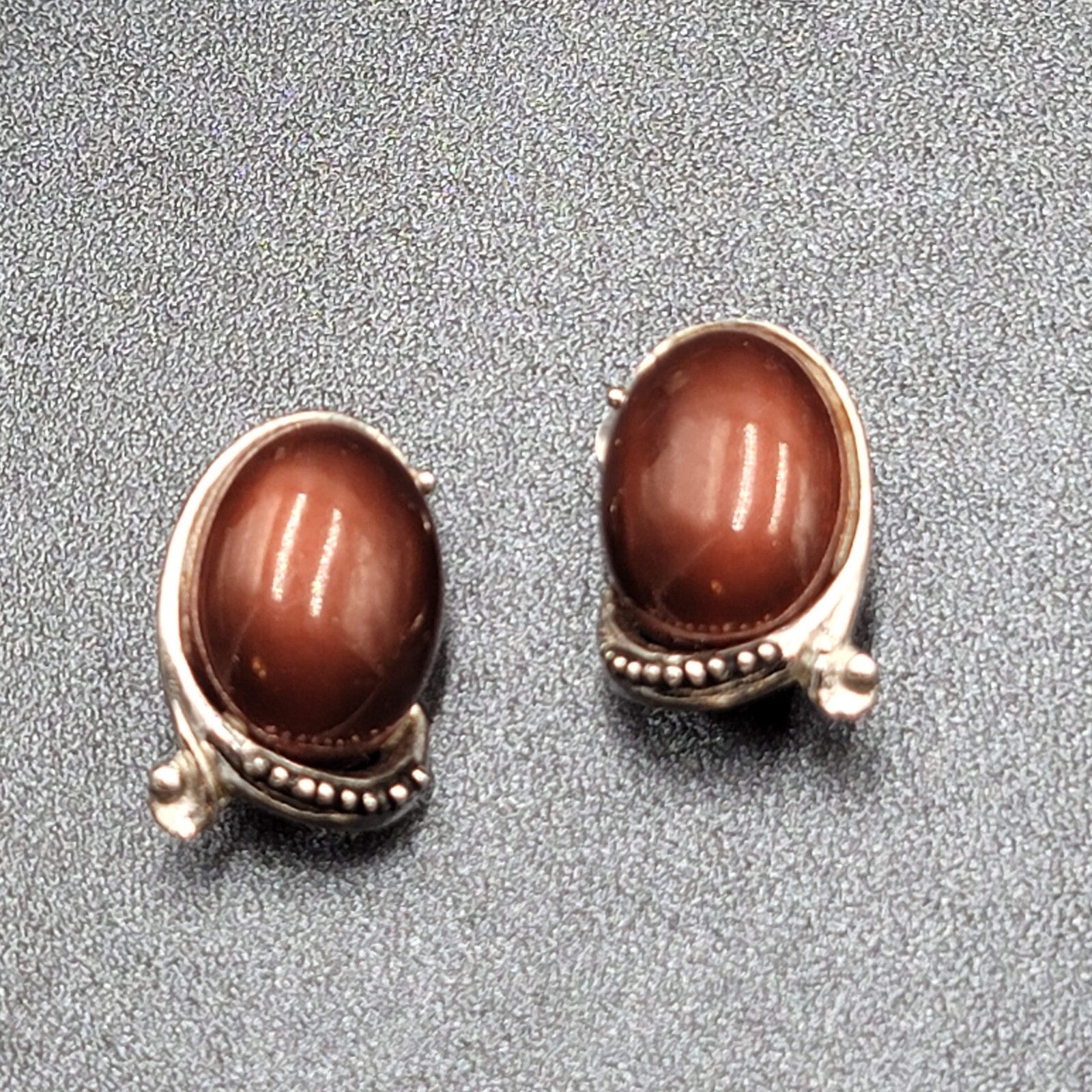 Vintage Clip on Earrings Silver tone Brown Oval Cabochon Acrylic Drop 1 1/8"