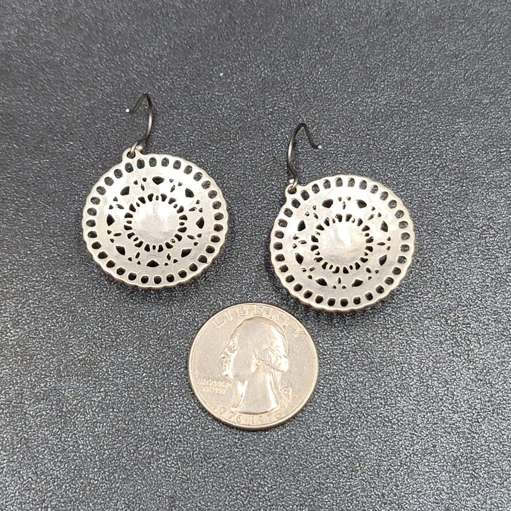 Pierced Earrings Silver tone Faux Pearl Open Work Medallion Dangle 1"