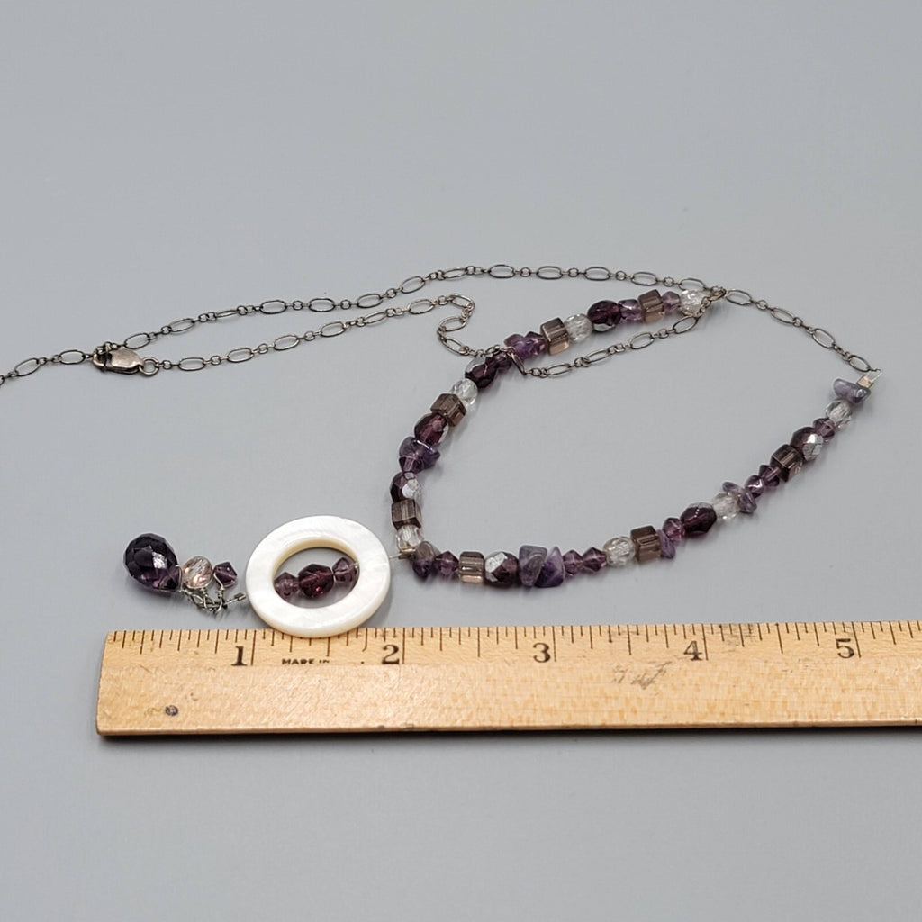 Sterling Silver Necklace Bead Amethyst Y Drop Unique Chain Mother of Pearl 18"