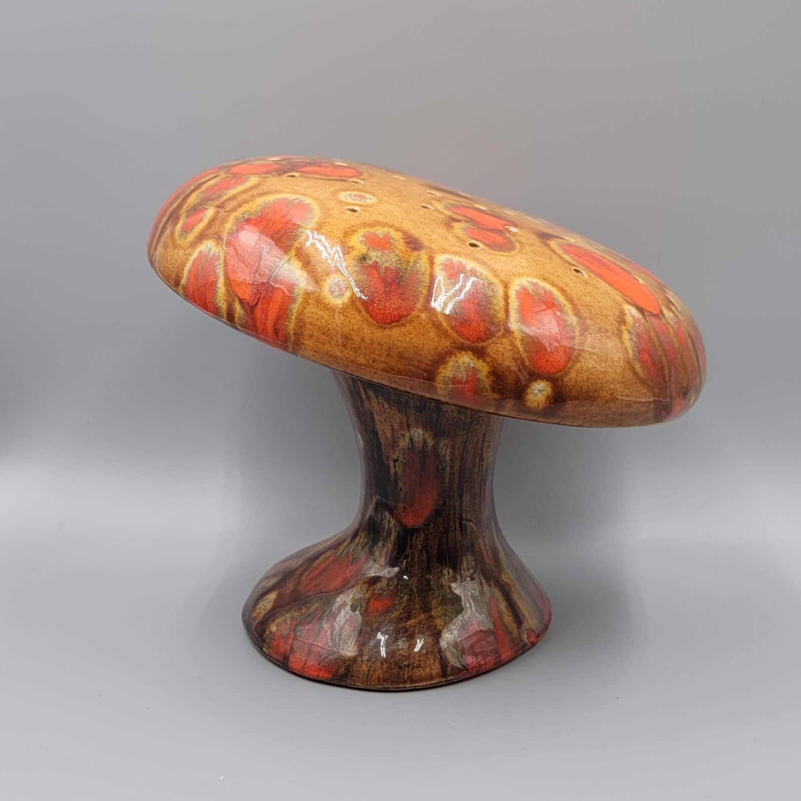 Vintage Large Cermaic Mushroom Incense Burner Orange Drip 6"x7"