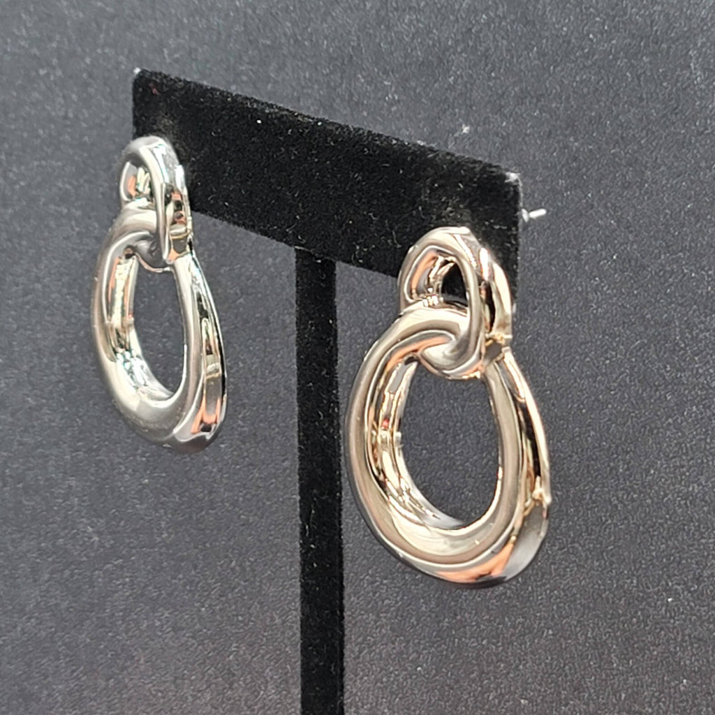 Pierced Earrings High Polish Silver tone Double Loop Drop 1 3/8"