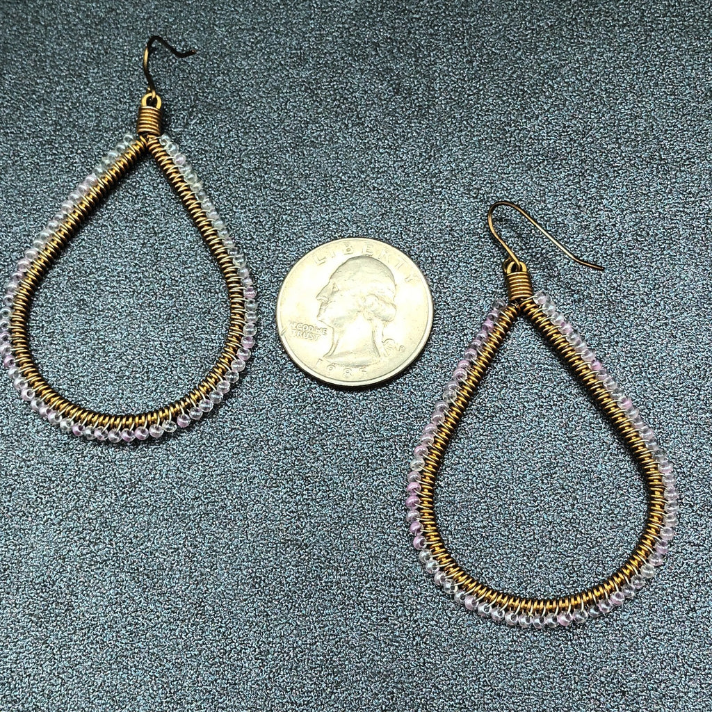 Pierced Earrings Gold tone Wire Wrapped Lavender Bead Teardrop Dangle 2 1/8"