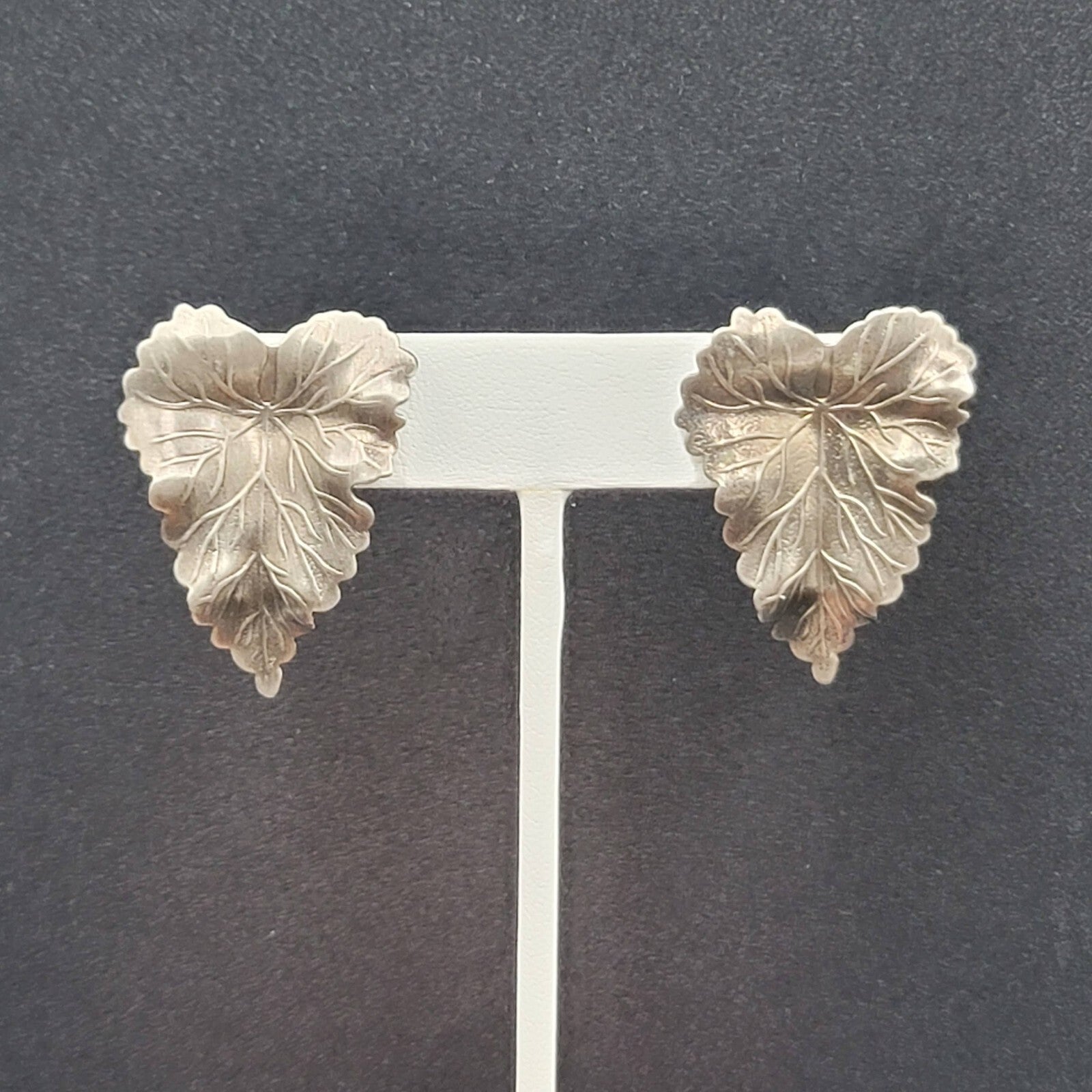 Vintage Pierced Earrings Textured Leaves Dark Gray Drop 1 3/8"
