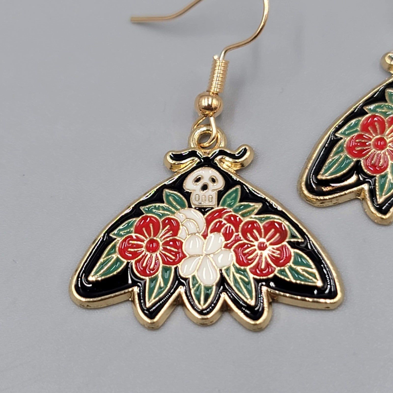 Pierced Earrings Gold tone Enamel Red Rose Moth Dangle 1"