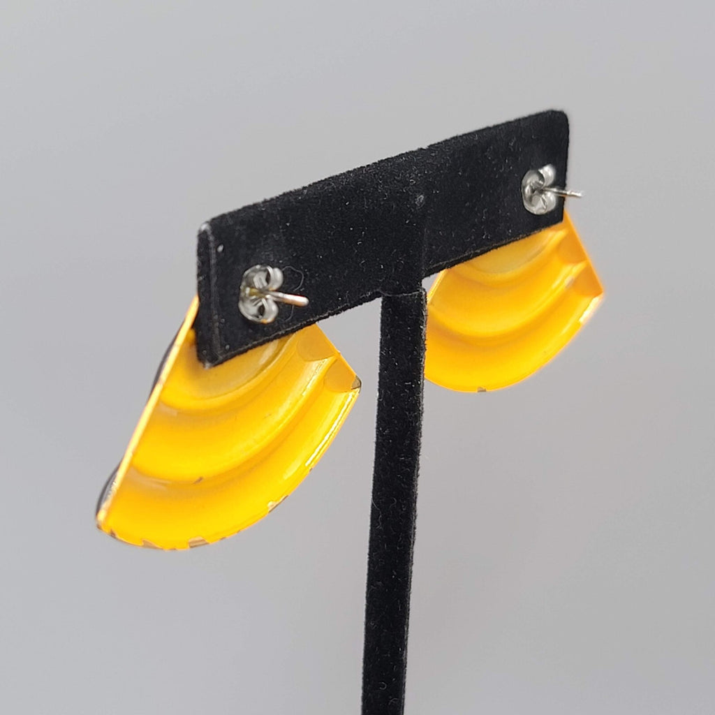 Vintage Pierced Earrings Yellow Black Enamel Triangle Drop Statement 80s 1 1/8"