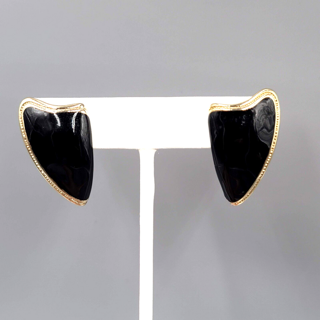 Vintage Pierced Earrings Gold tone Black Enamel Statement Drop 1.25"