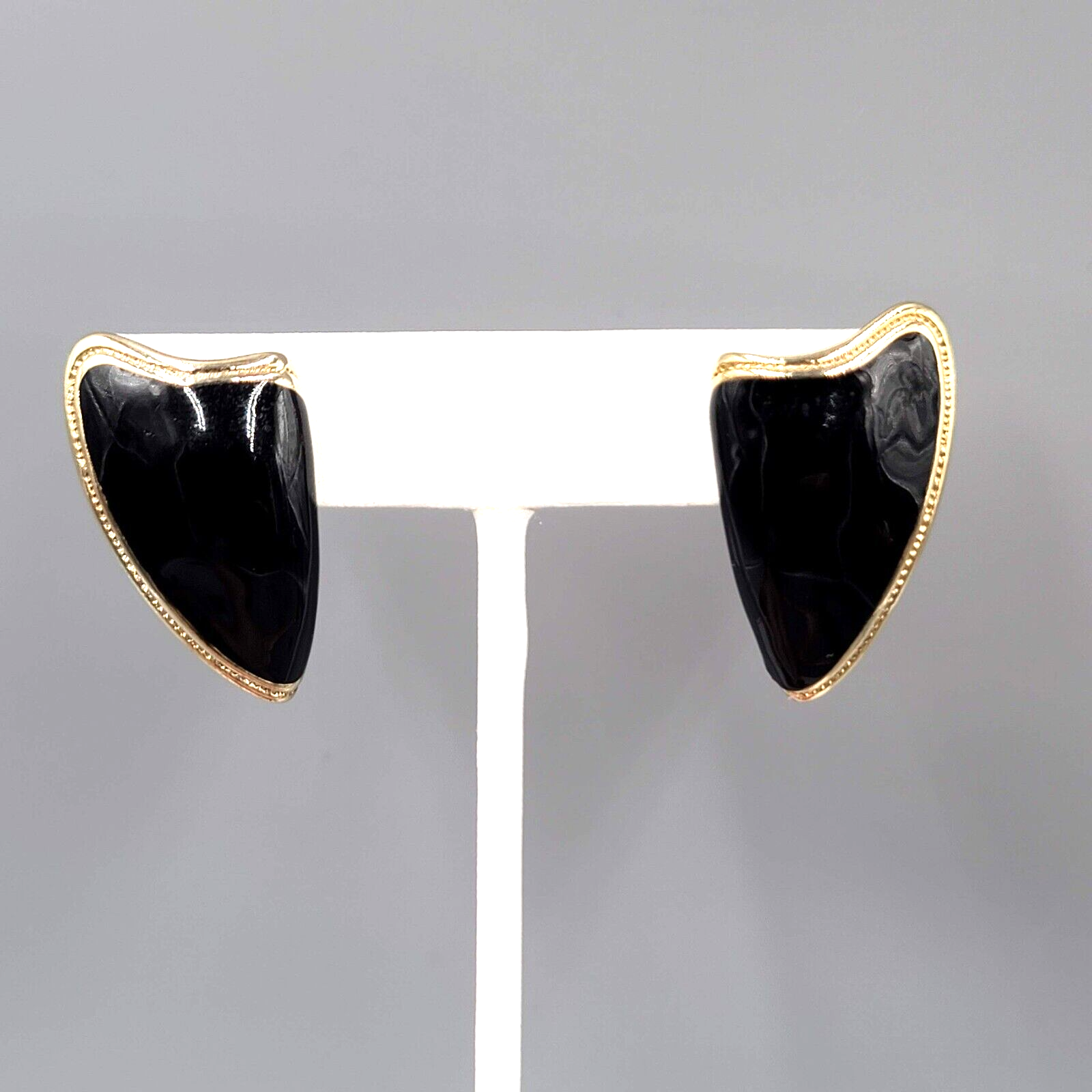 Vintage Pierced Earrings Gold tone Black Enamel Statement Drop 1.25"
