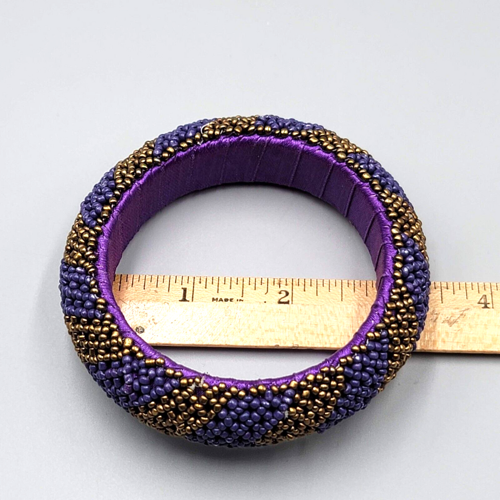 Purple Seed Bead Bangle Bracelet Bronze tone Beads 8 in