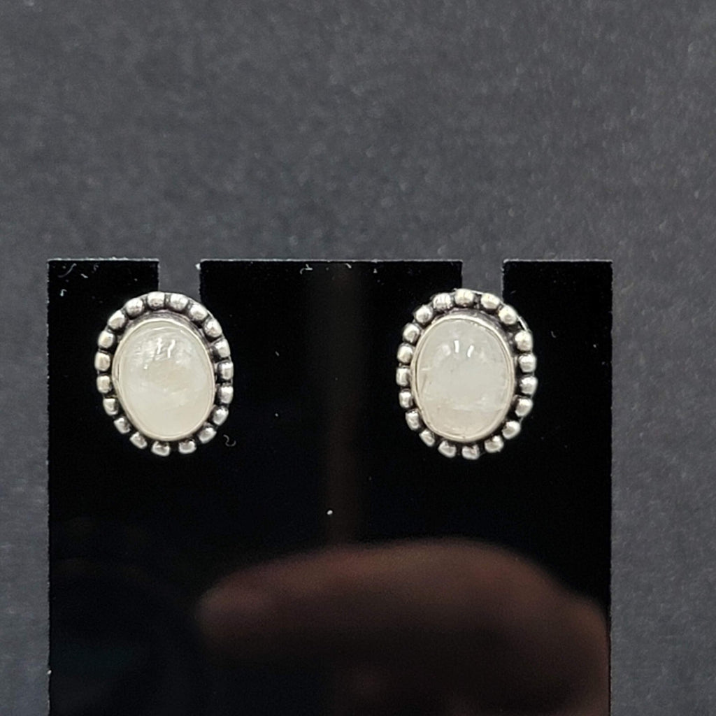 Pierced Earrings Silver tone Moonstone Oval Studs 1/2"