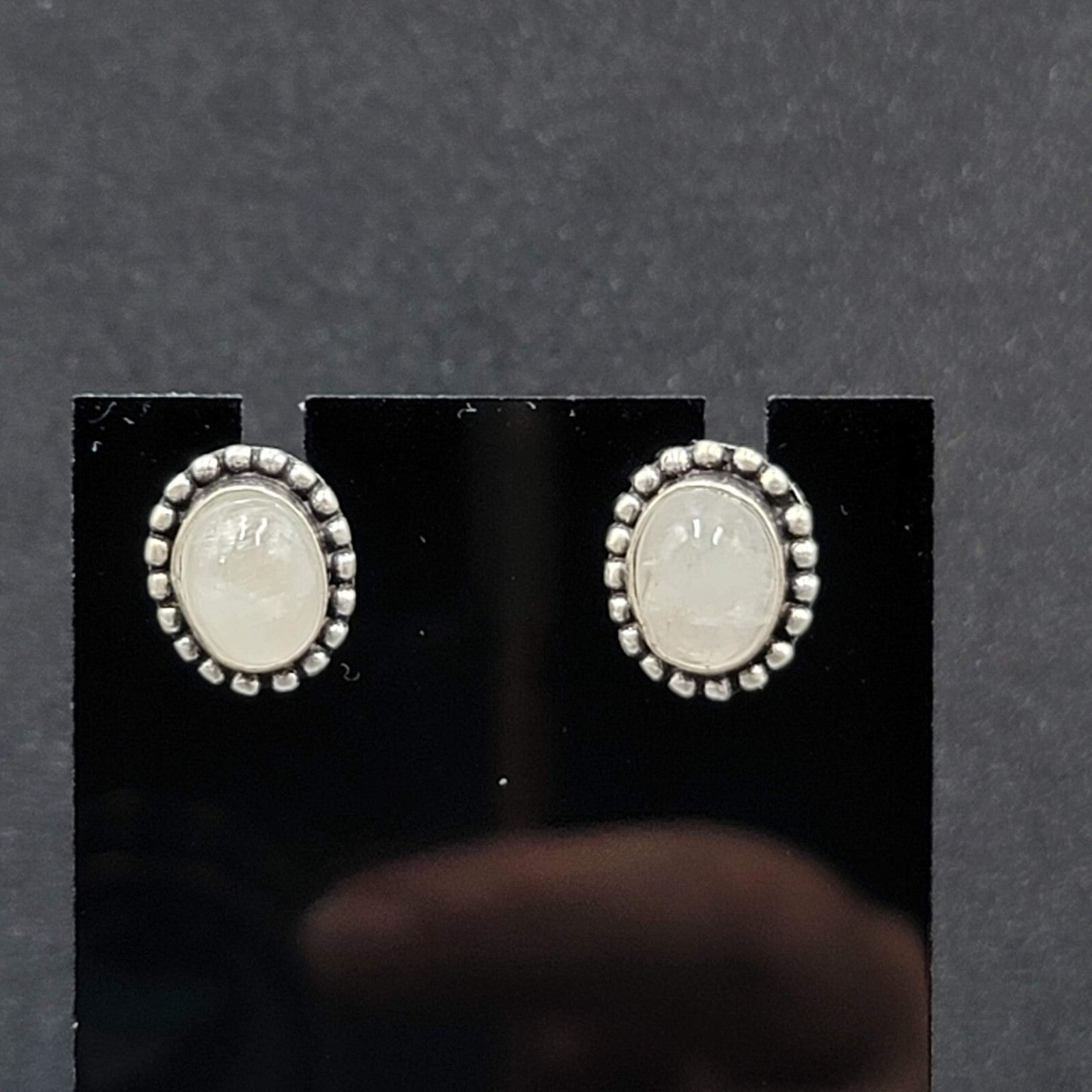 Pierced Earrings Silver tone Moonstone Oval Studs 1/2"