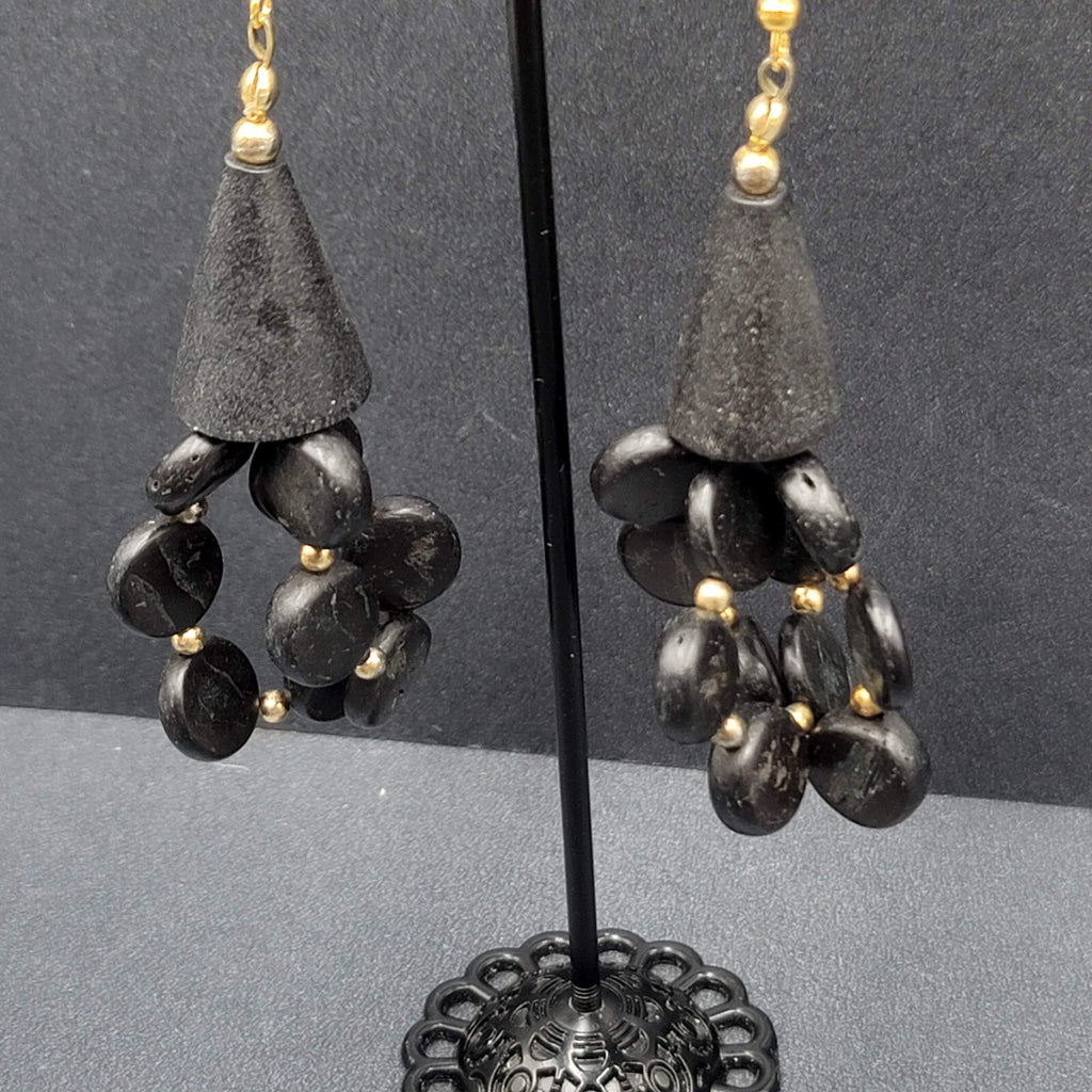 Vintage Pierced Earrings Black Coconut Beaded Statement 2.5"