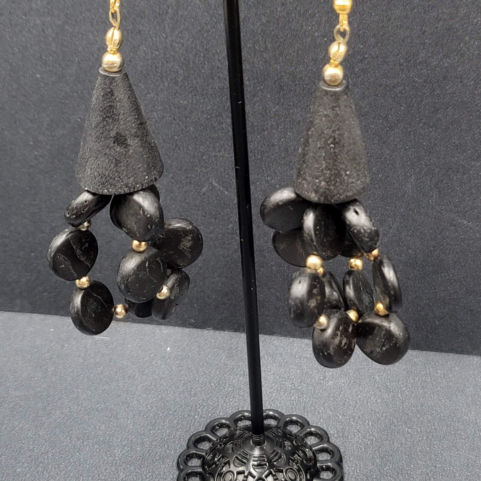 Vintage Pierced Earrings Black Coconut Beaded Statement 2.5"
