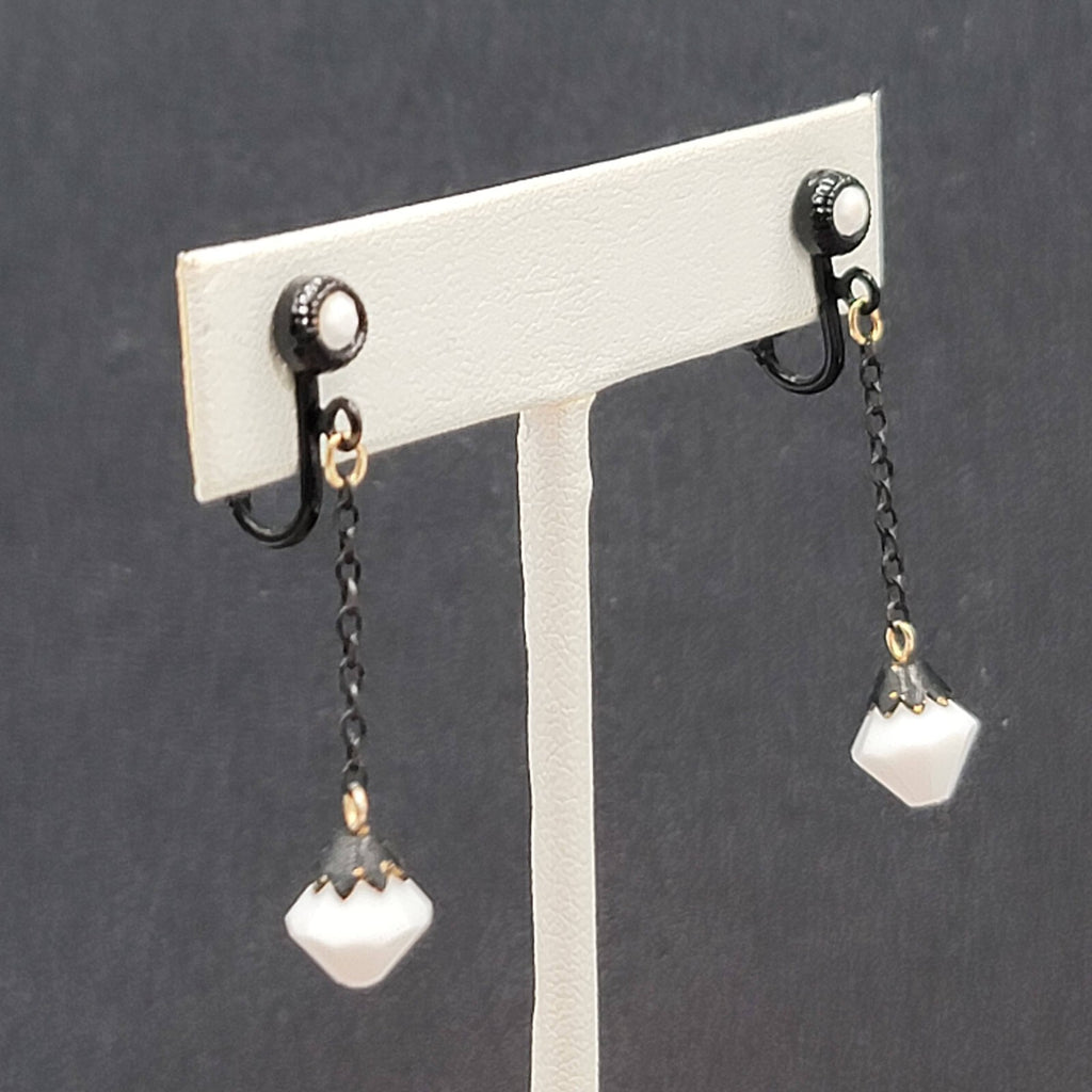 Vintage Clip on Earrings Black Enamel Metal Dangle Chain White Bead 1 5/8"