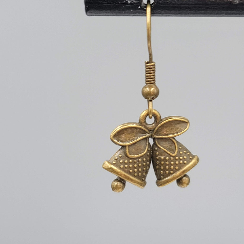 Bronze tone Pierced Earrings  Embossed Bells Holiday Celebration 1/2"
