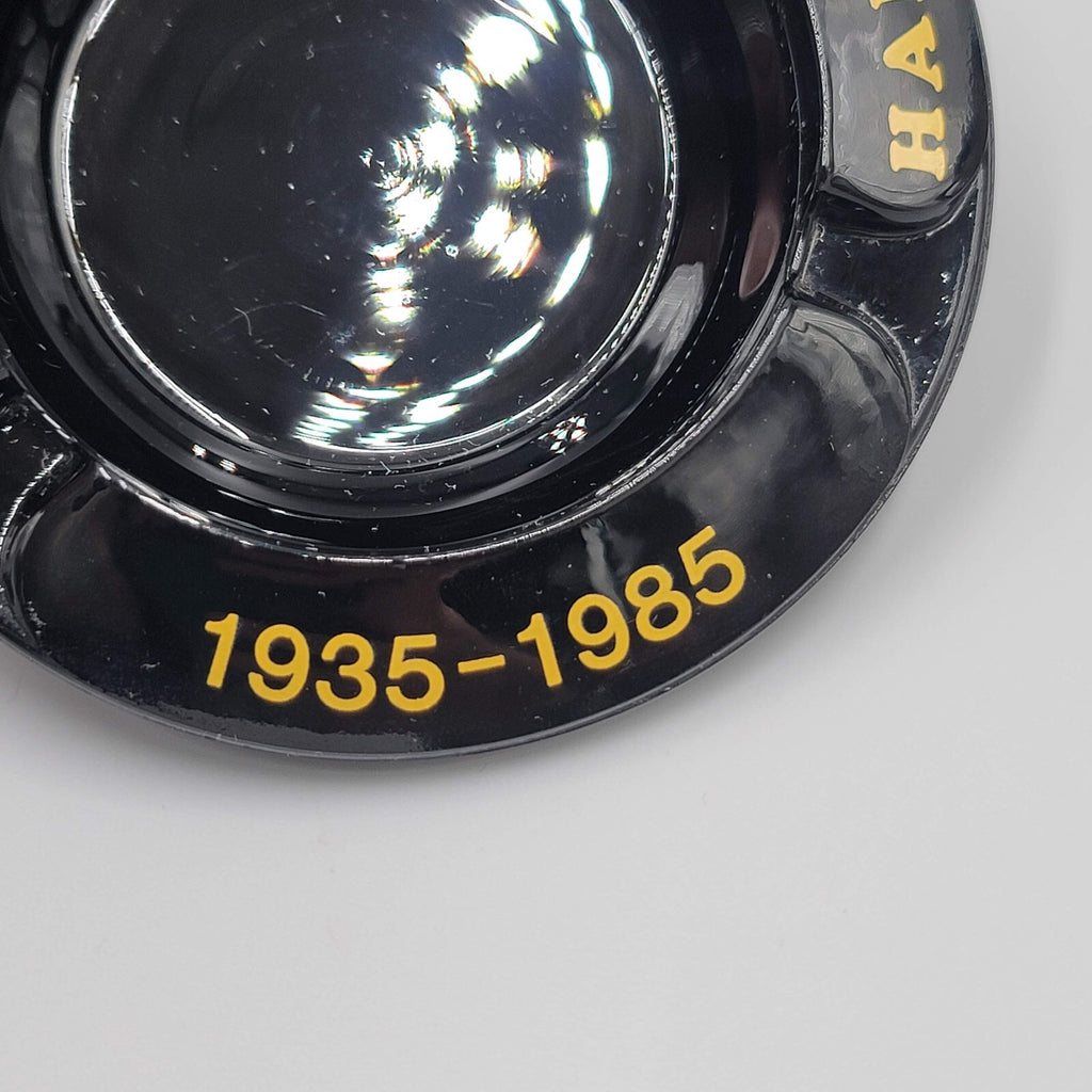 Vintage Ashtray Round Black Gold Print Harolds Club 50 Years 1935-1985 4"