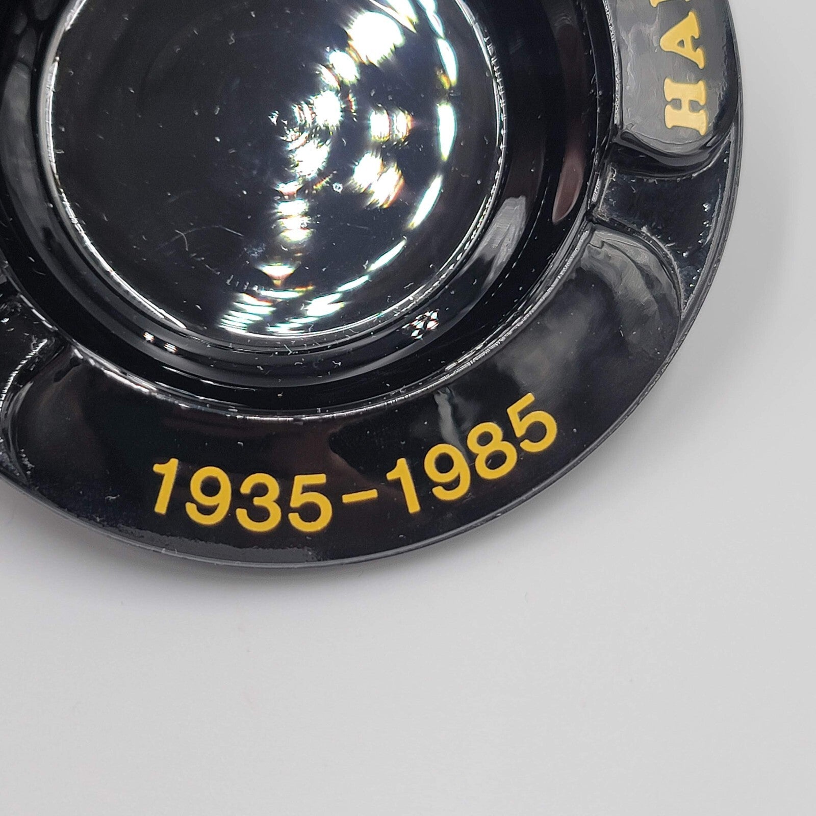 Vintage Ashtray Round Black Gold Print Harolds Club 50 Years 1935-1985 4"