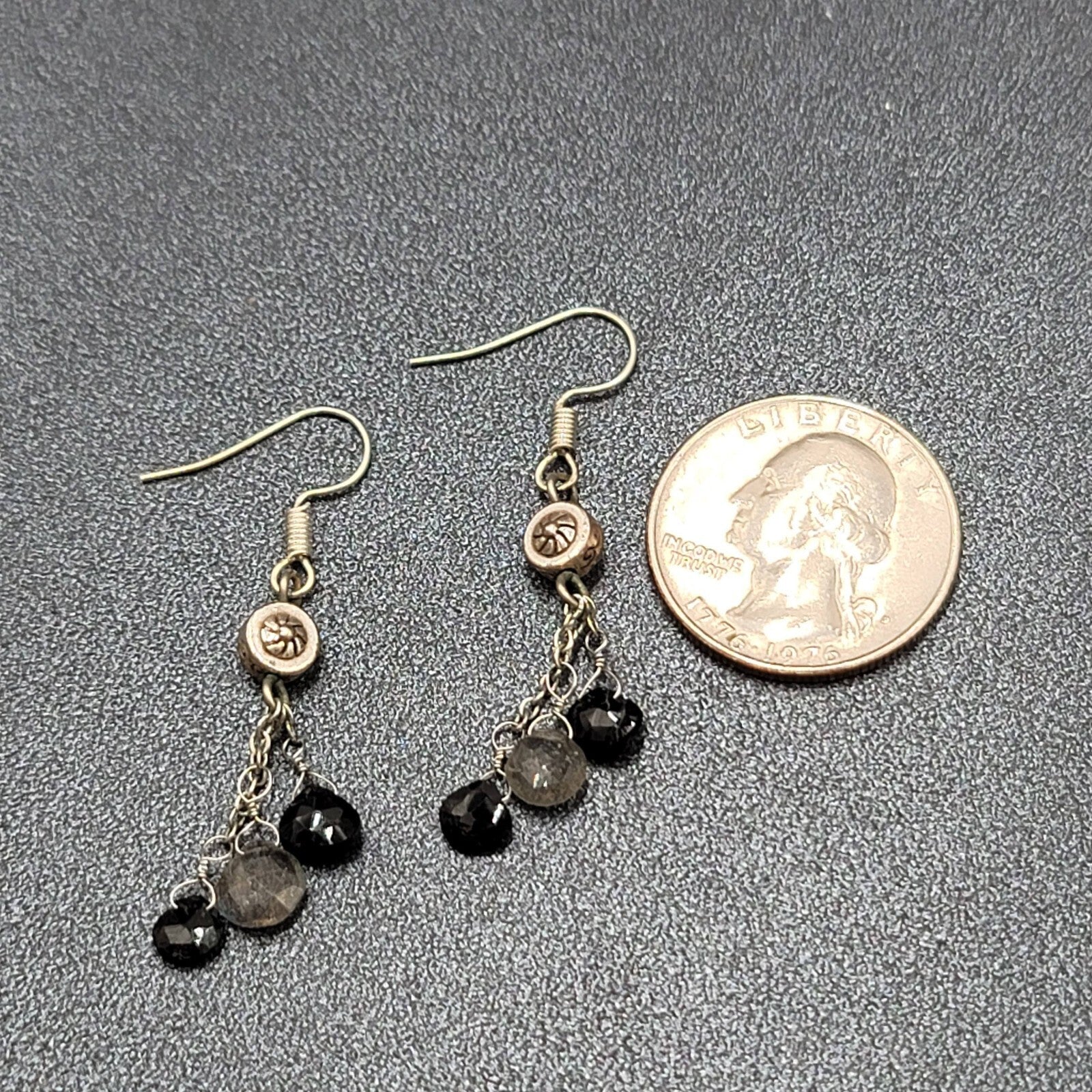 Pierced Earrings Silver tone Black Gray Stones on Dangle Chains 1.25"