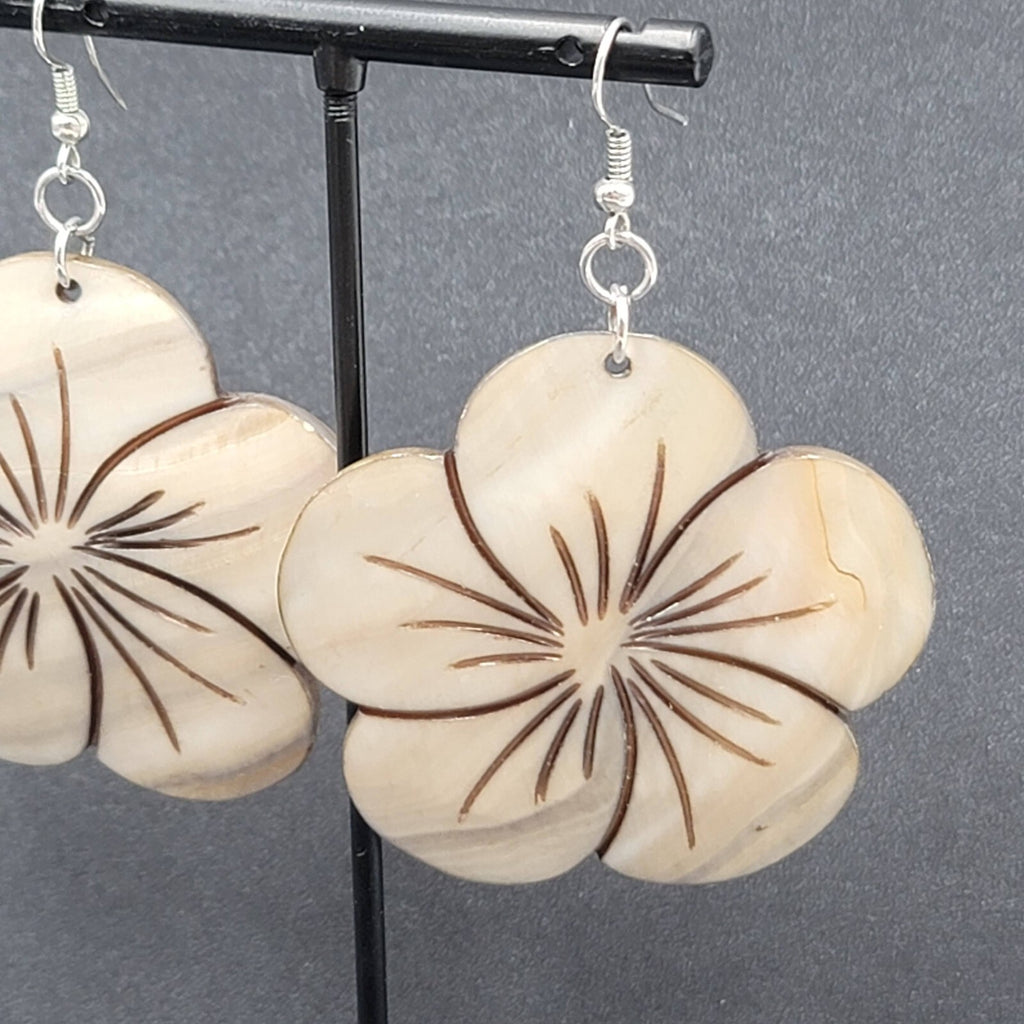 Flower Pierced Earrings Large Carved Shell Silver tone 2"