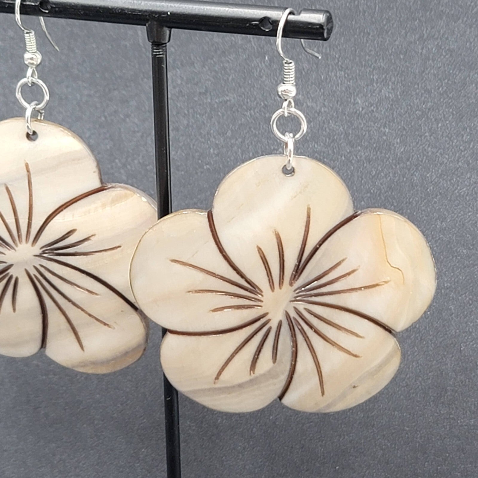 Flower Pierced Earrings Large Carved Shell Silver tone 2"