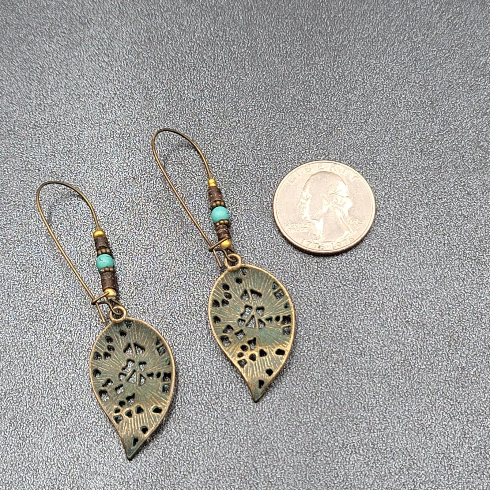 Boho Pierced Earrings Bronze tone Faux Patina Leaf Beaded 2.75"