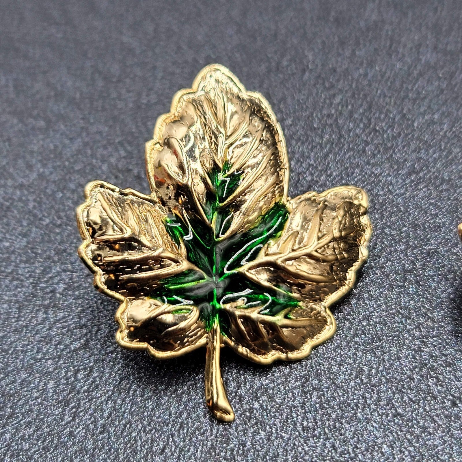 Pierced Earrings Gold tone Green Enamel Leaves Drop 1.25"