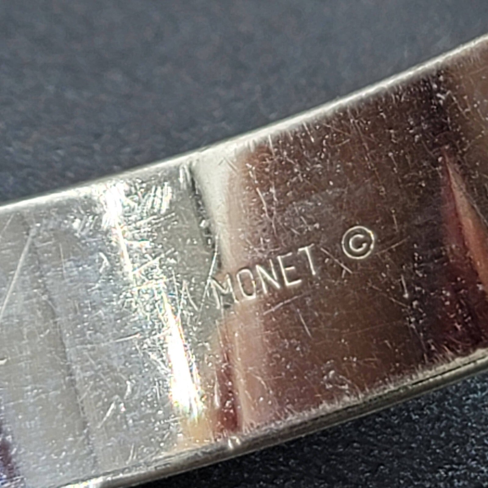 Vintage Monet Bangle Bracelet Silver tone Etched Design 7 3/4" x 1/2" Wide