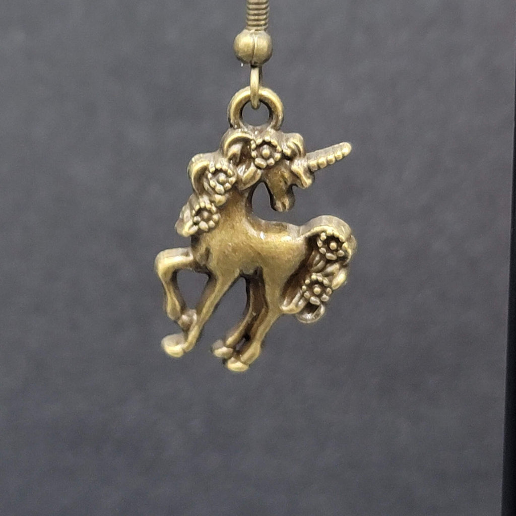 Unicorn Pierced Earrings Bronze tone Dangle 7/8" NEW