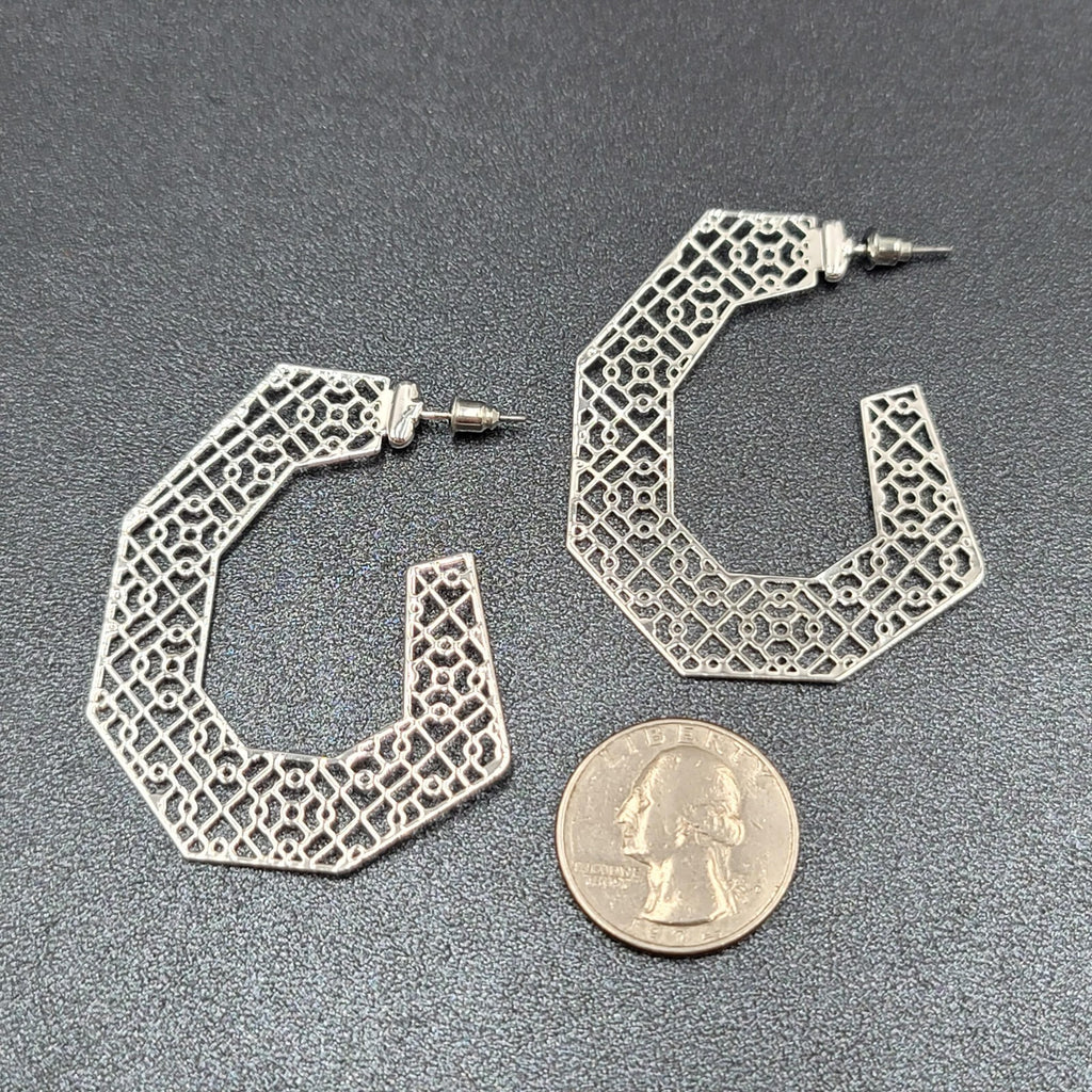 Pierced Earrings Silver tone Open Filigree Statement Hoops 2 1/8"