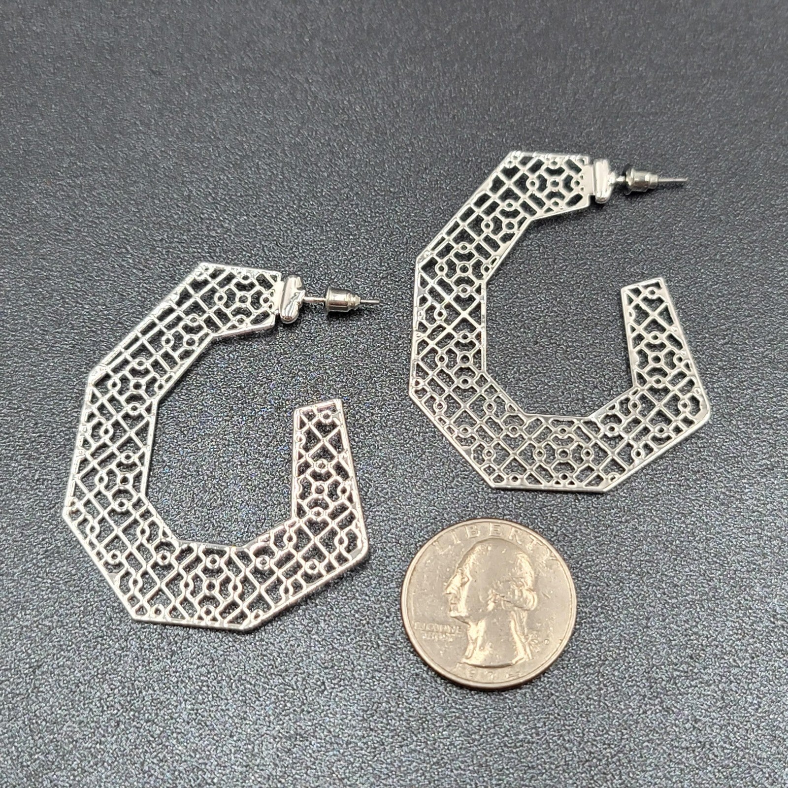Pierced Earrings Silver tone Open Filigree Statement Hoops 2 1/8"