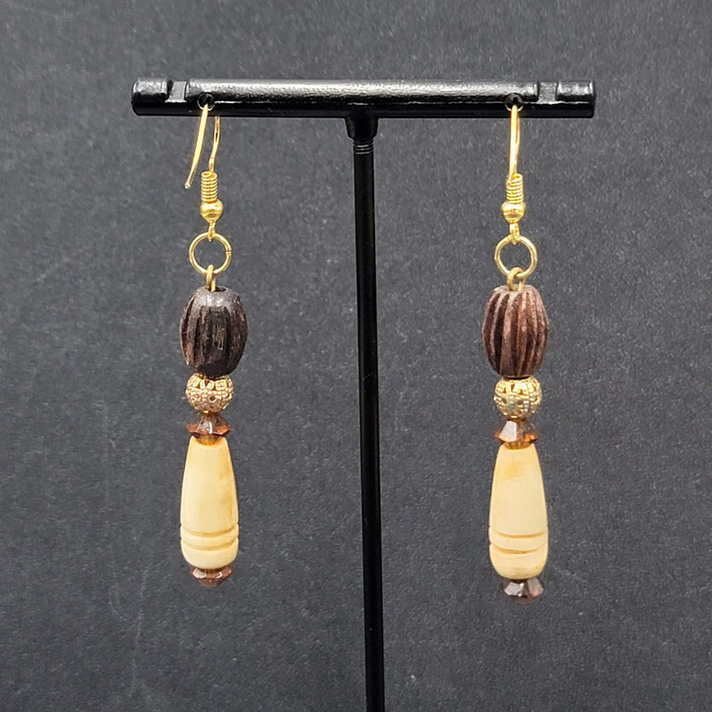Pierced Earrings Gold tone Wood Hand Carved Beads Dangle 2"