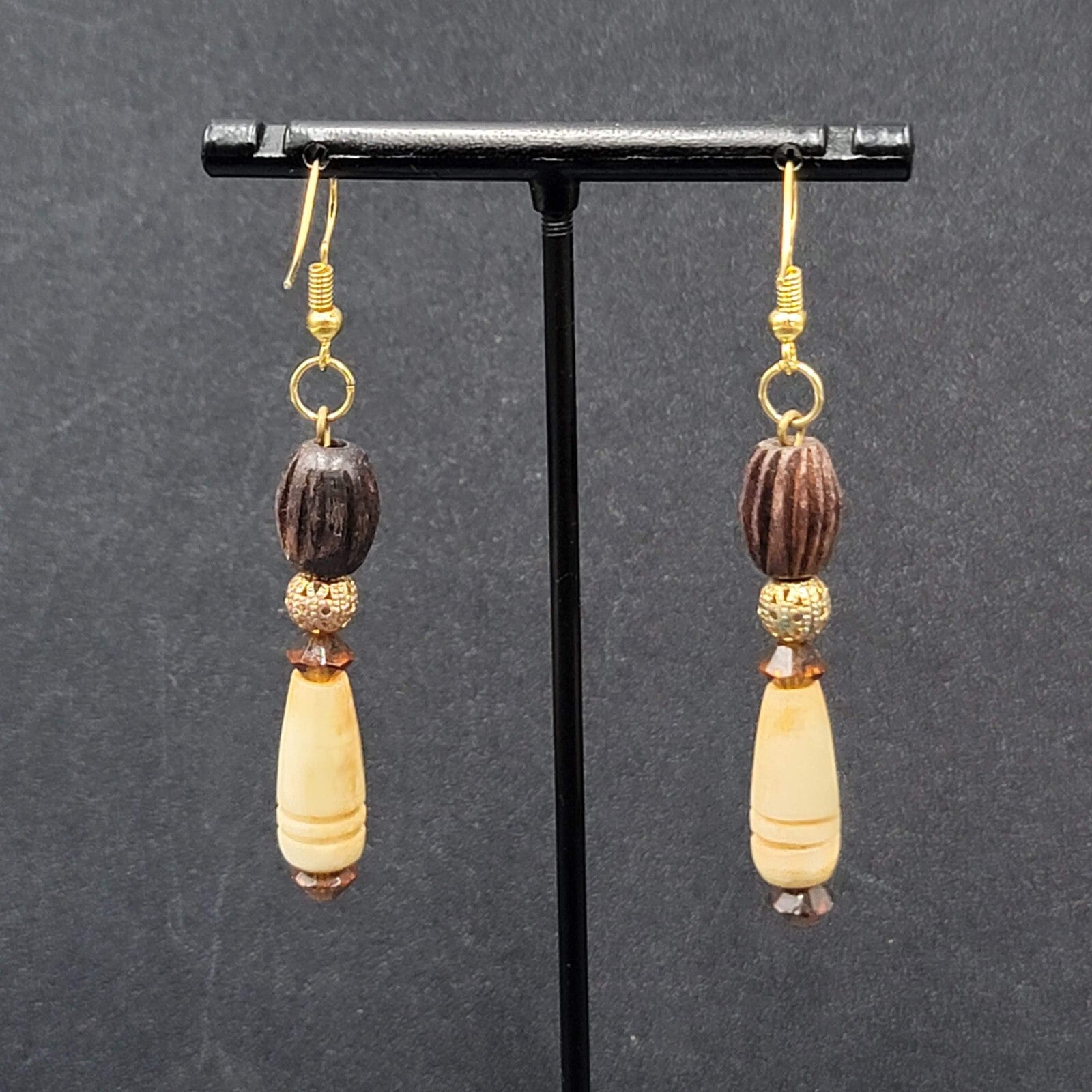 Pierced Earrings Gold tone Wood Hand Carved Beads Dangle 2"