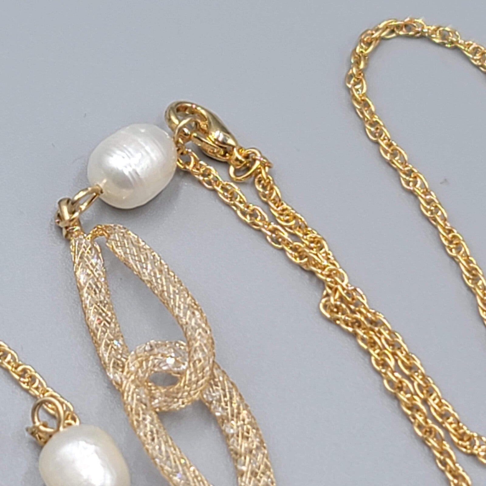 Long Dainty Pearl Necklace Gold Plated Mesh Clover Station 40"-42"