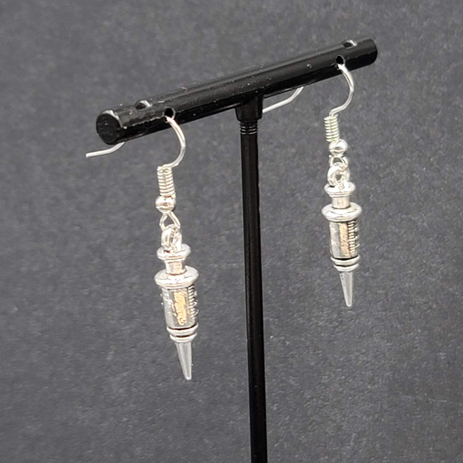 Syringe Nurse Pierced Earrings Silver tone Medical Dangle 1"