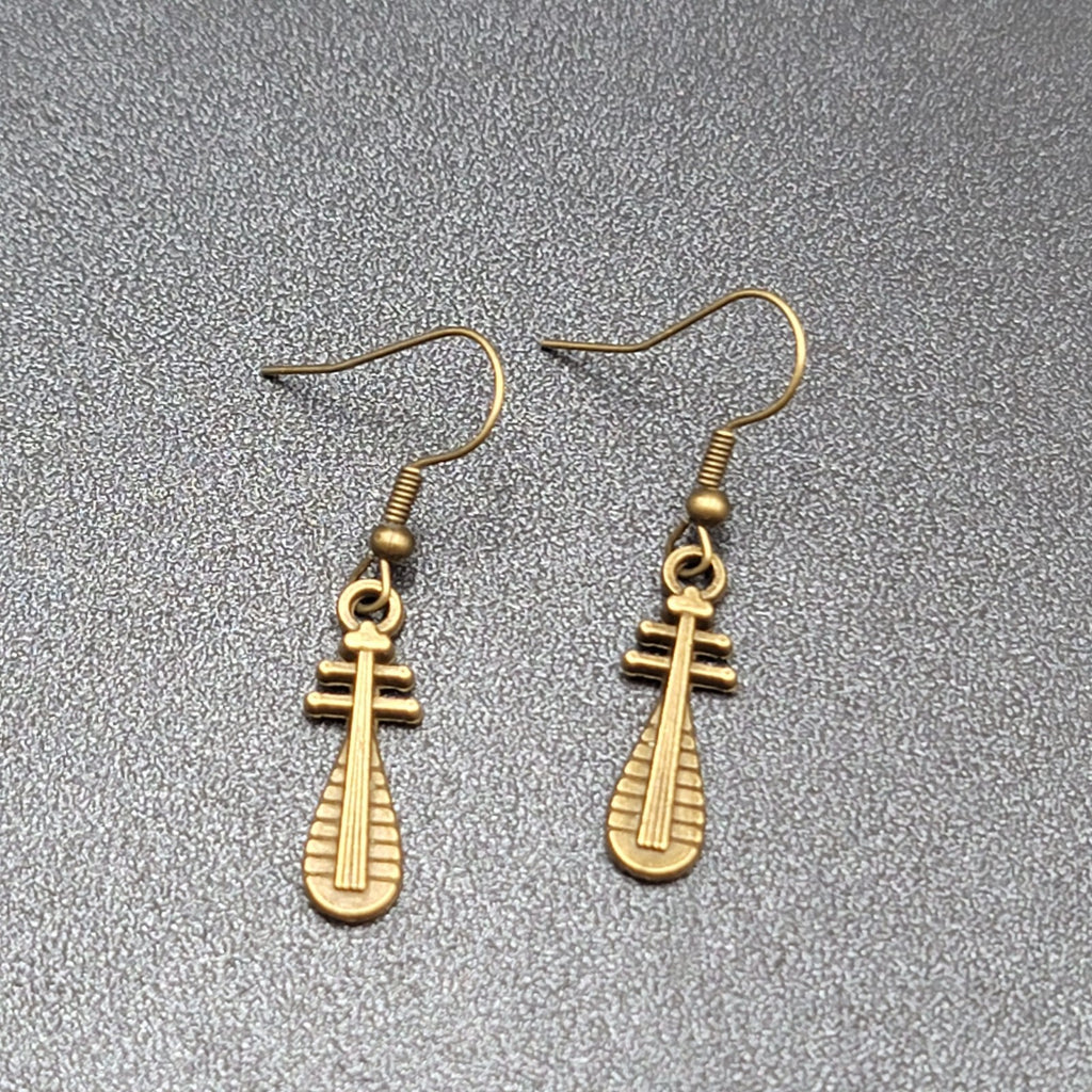 Lute Pierced Earrings Bronze tone Embossed Dangle New 1"
