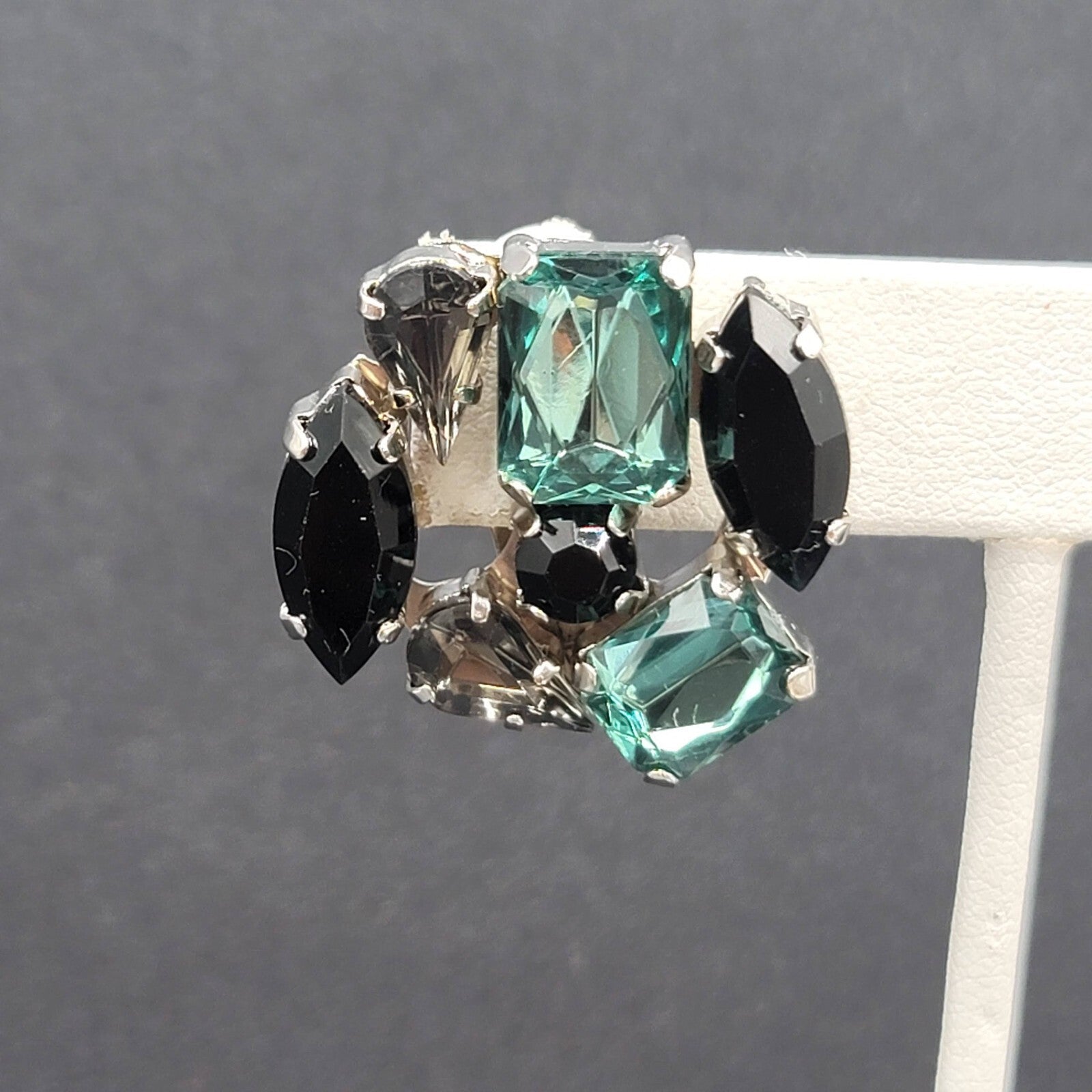 Clip on Earrings Silver tone Acrylic Green Black Statement Drop 1"