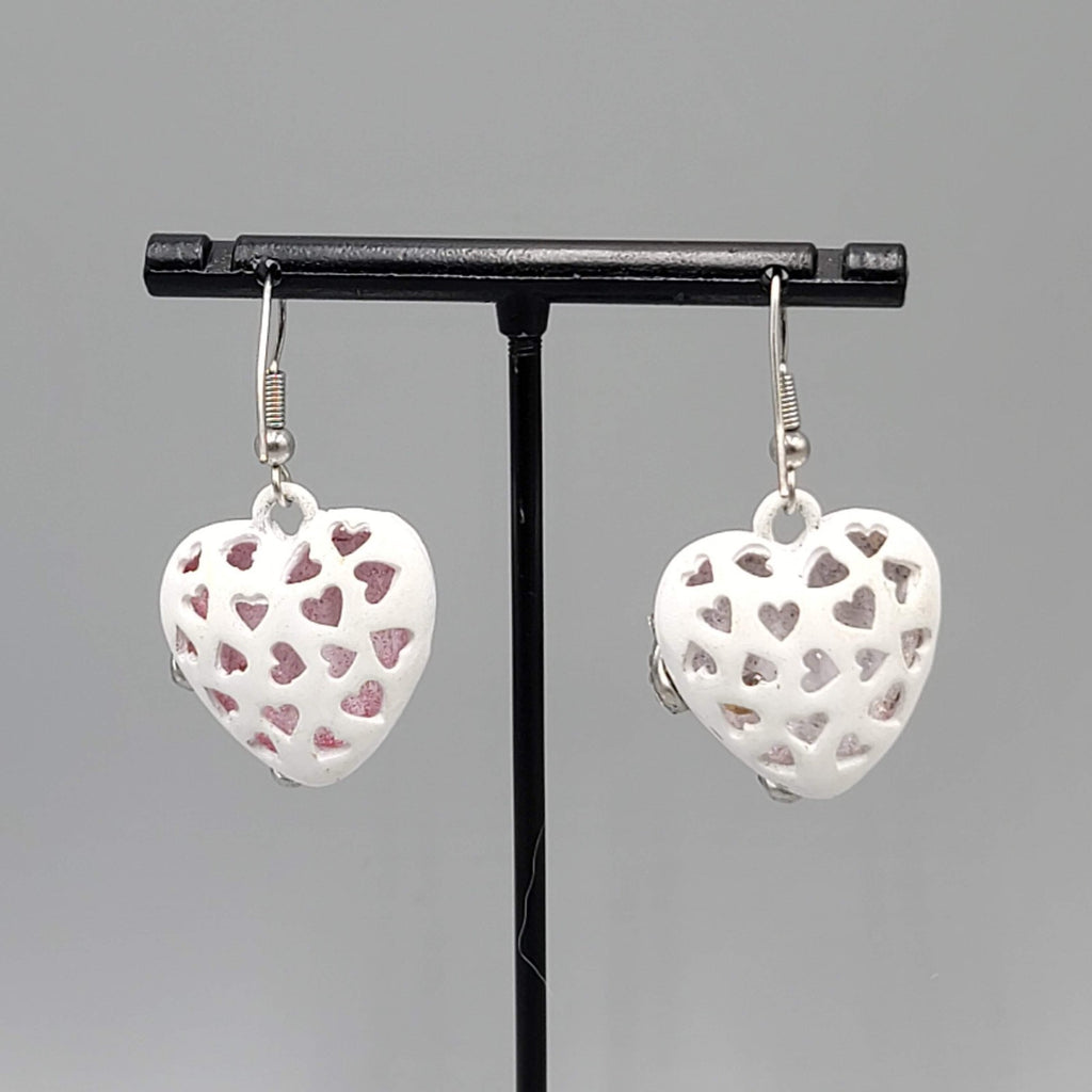 Juicy Pierced Earrings White Enamel Puffy Hearts Rhinestones Silver tone Dangle 