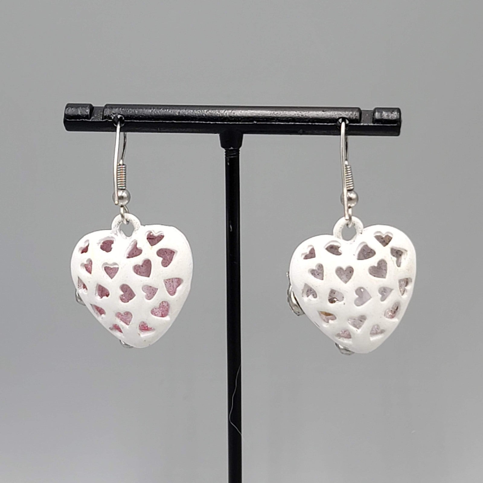 Juicy Pierced Earrings White Enamel Puffy Hearts Rhinestones Silver tone Dangle 