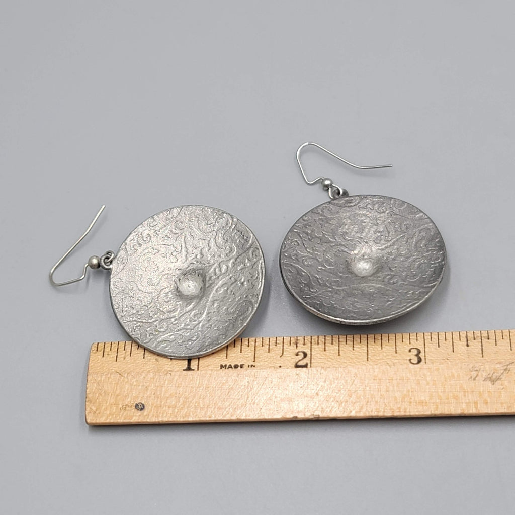 Mexico Engraved Silver tone Dangle Pierced Earrings Round 1.5"